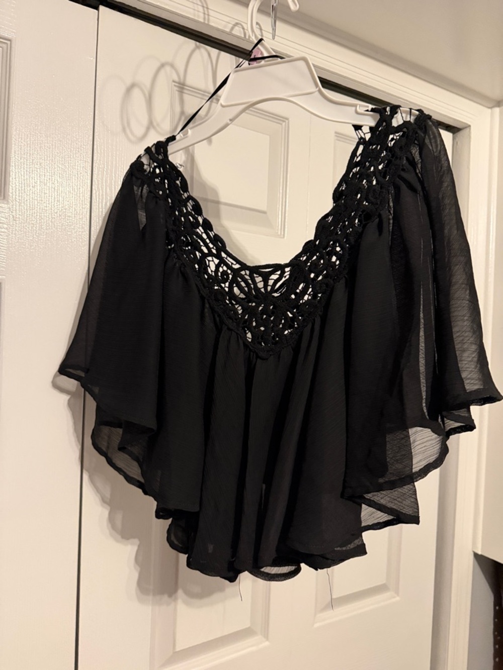 Must Have Black Crochet Yoke Flutter Sleeve Top